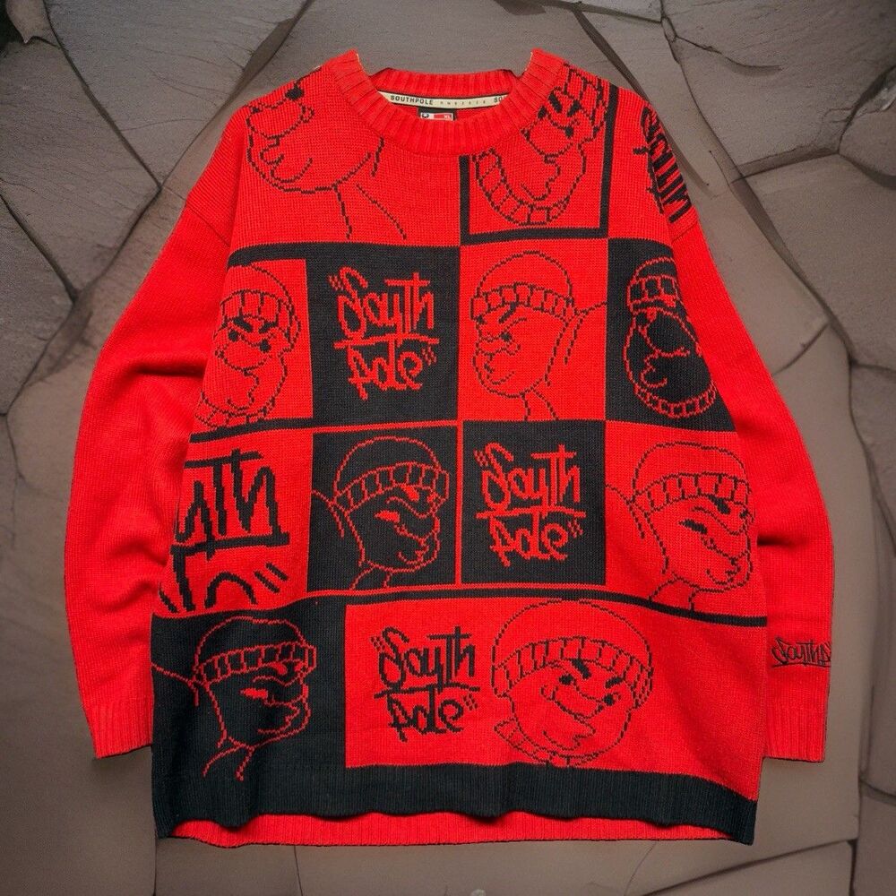 VTG Southpole Sweater XL Red Black B-Boy Graffiti Checkerboard Knit Y2K RARE 90s